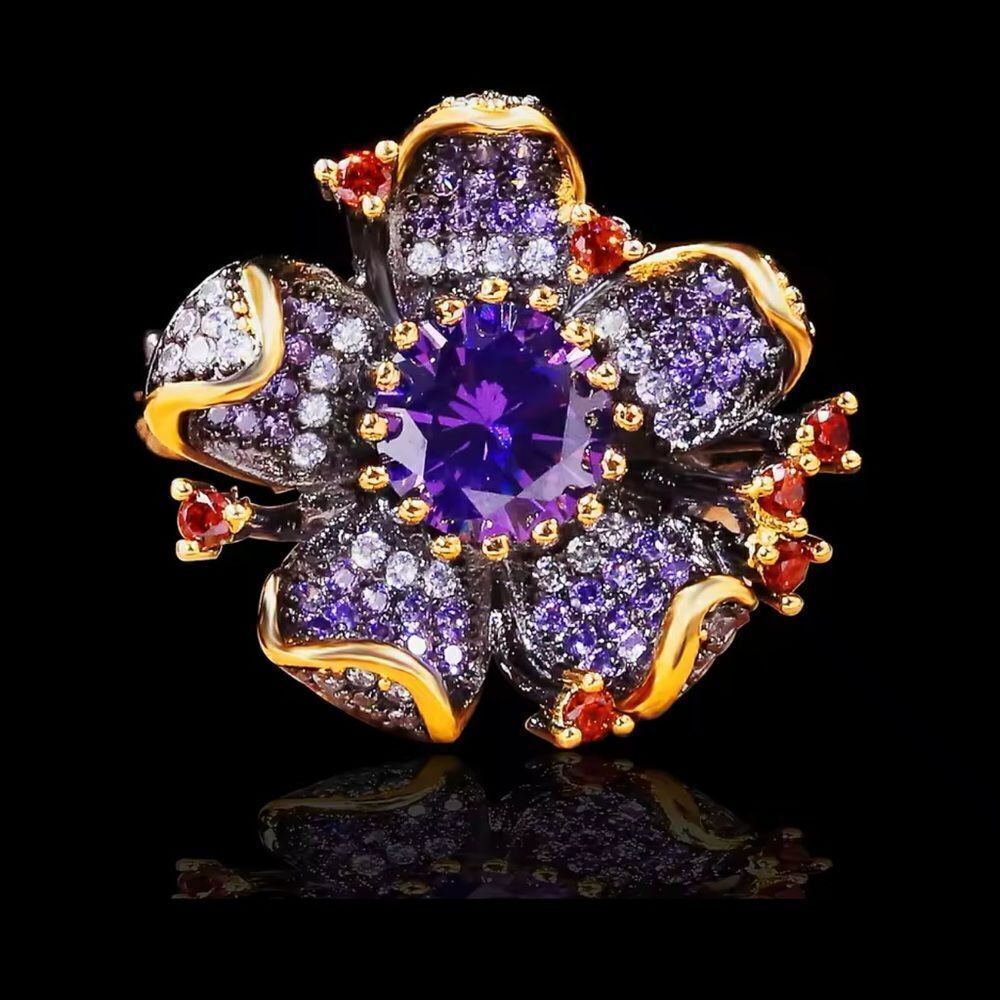 925 Sterling Silver Floral Blossom With Amethyst inspired crystal accent - Picture 1 of 16
